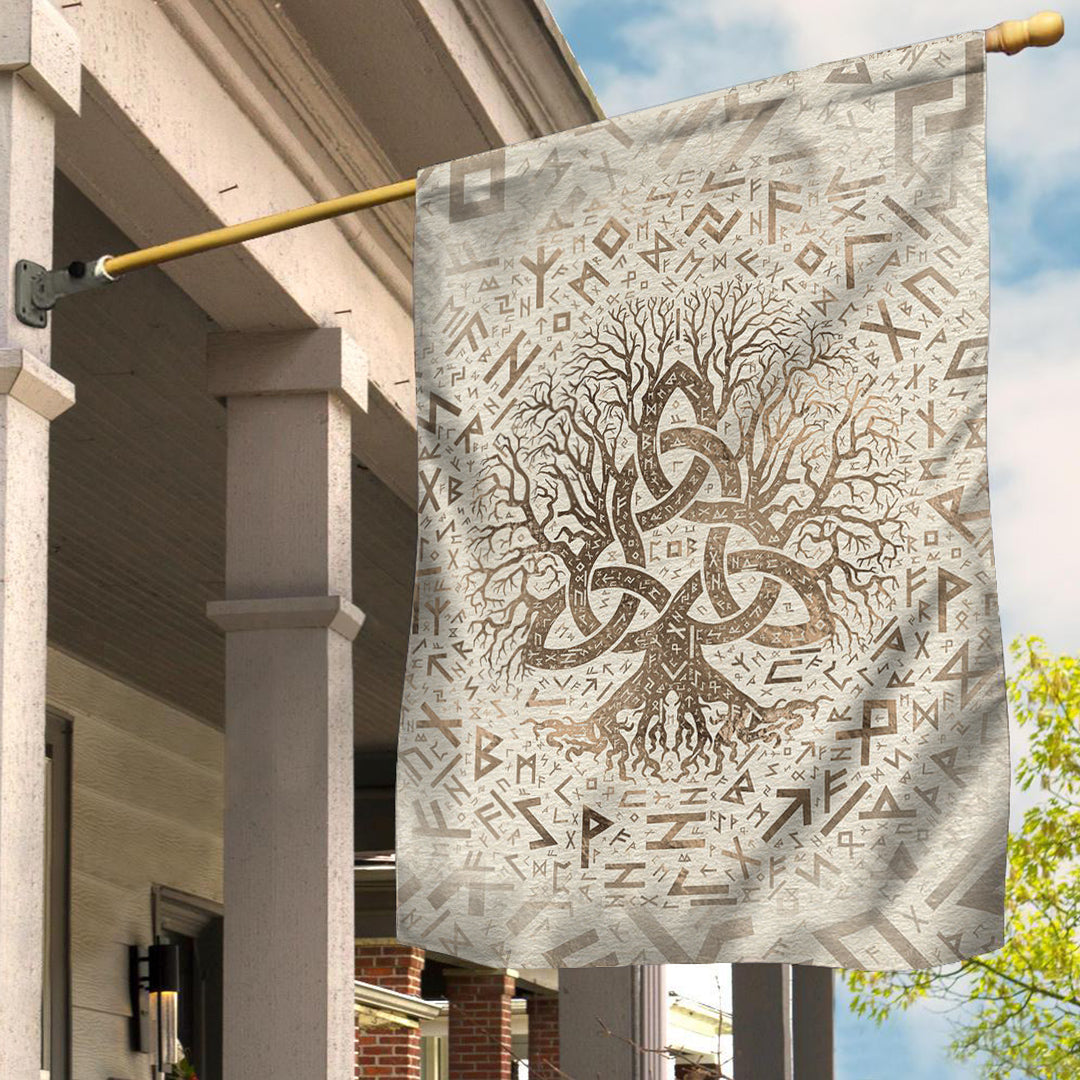 Viking Flag Tree Of Life with Triquetra and Futhark Pastel Gold Flag RLT12 - Wonder Print Shop