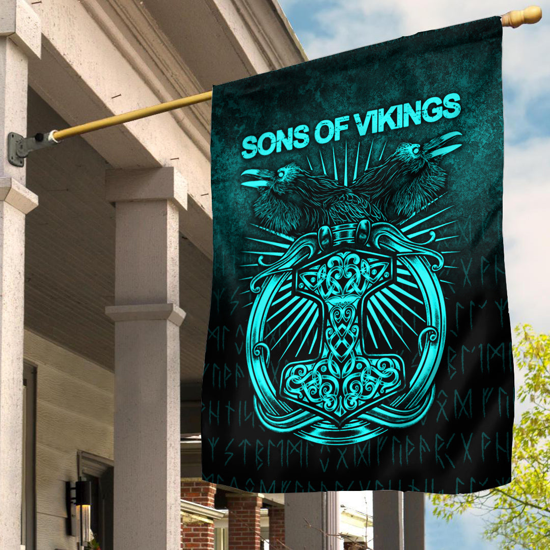 Viking Flag Vikings Ravens Mjolnir Cyan Version Flag RLT12 - Wonder Print Shop