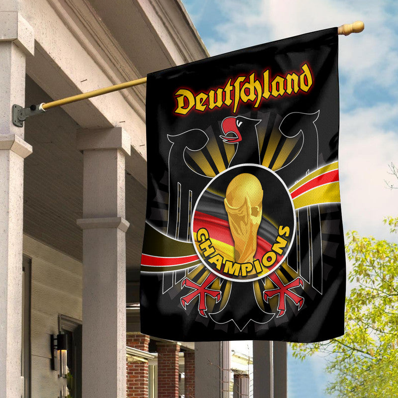 Black Germany house flag with “Deutschland” text, gold skull emblem, and “Champions” banner