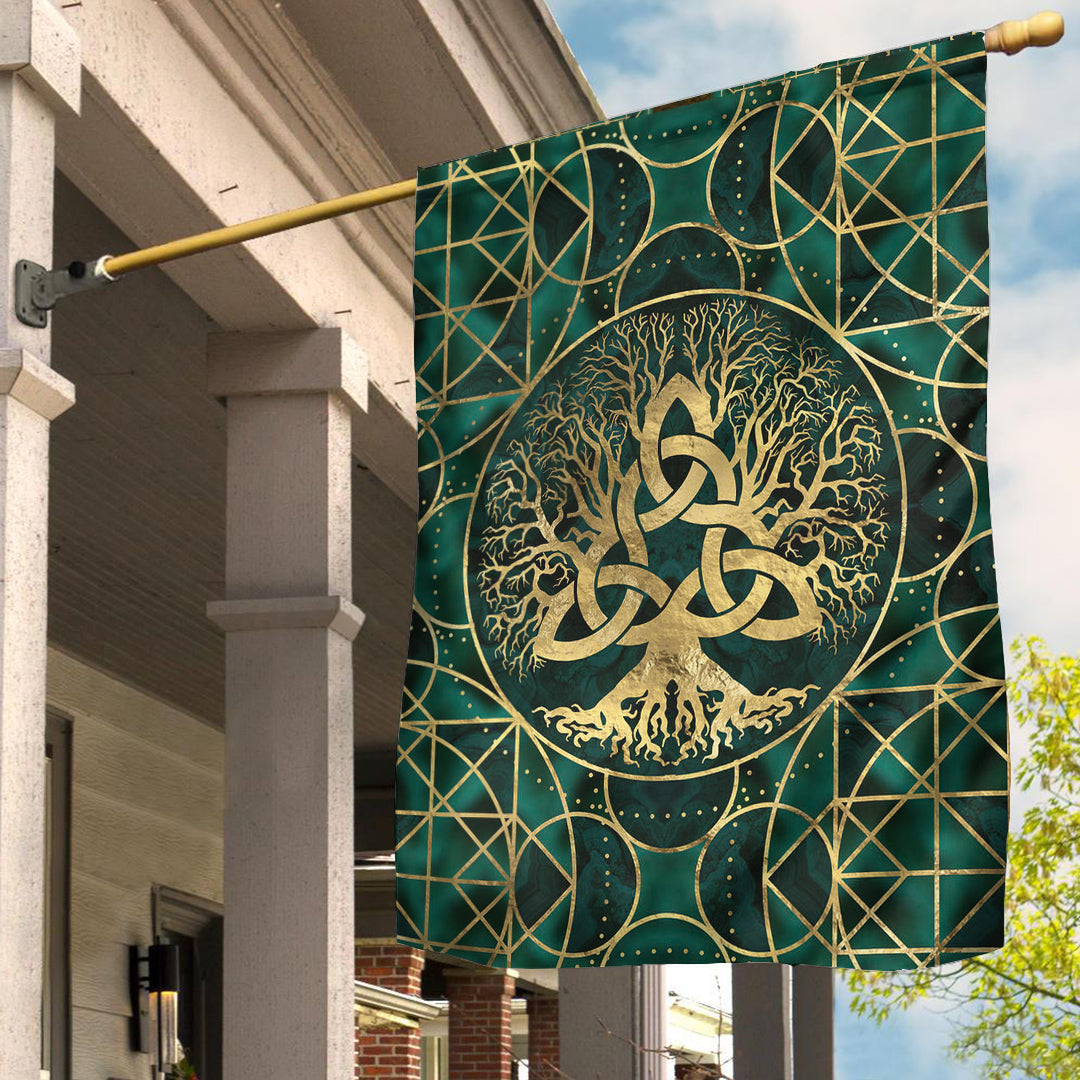 Viking Flag Tree Of Life with Triquetra Malachite and Gold Flag RLT12 - Wonder Print Shop