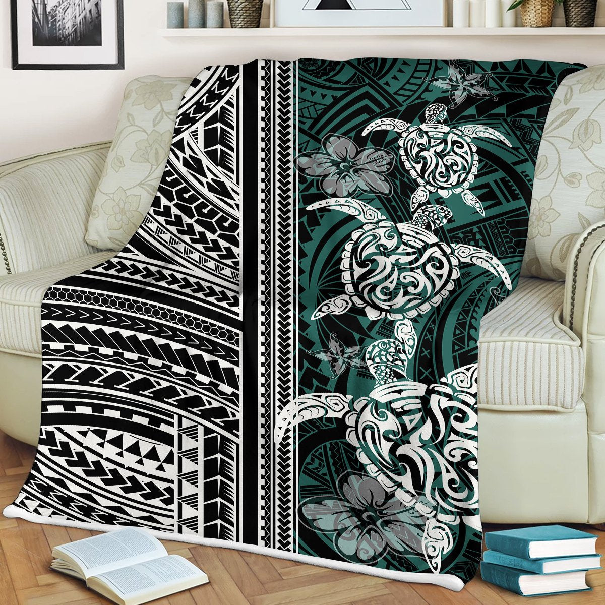 Polynesian throw blanket with turtle and floral motifs, black, white, and green geometric pattern