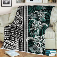 Polynesian throw blanket with turtle and floral motifs, black, white, and green geometric pattern