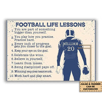 Football Life Lessons horizontal poster with navy football player and custom name/number tag.