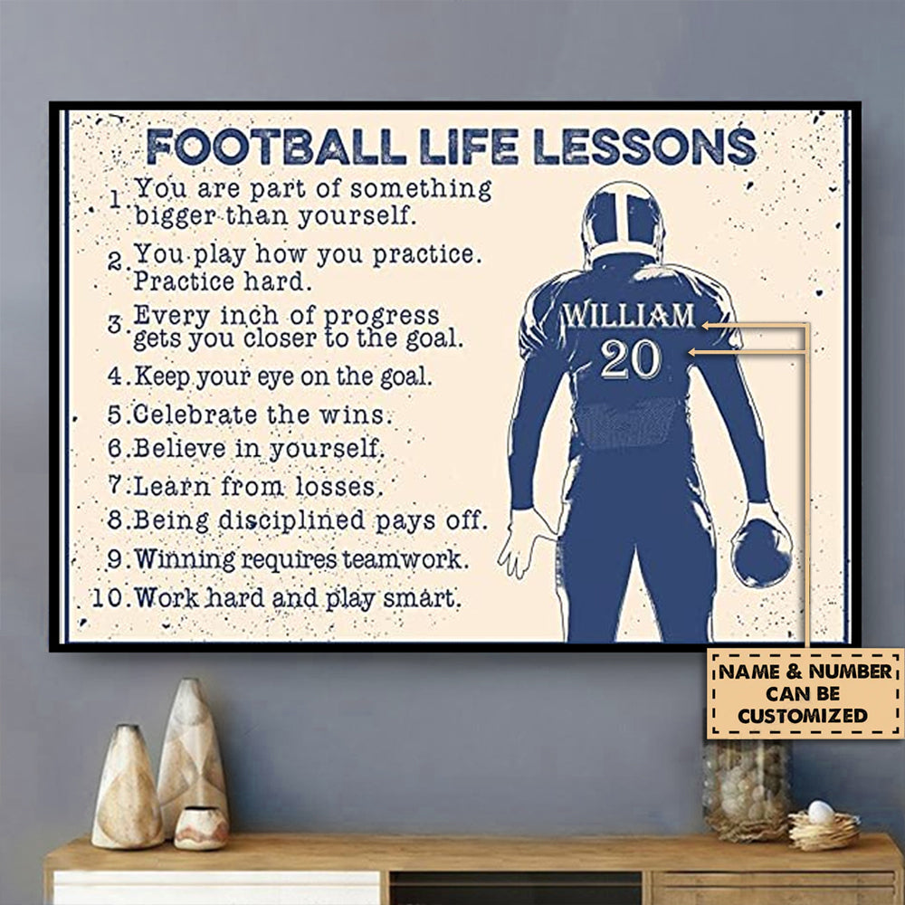 Football Life Lessons wall poster in black frame with navy player and custom name/number label.