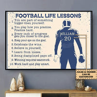 Football Life Lessons wall poster in black frame with navy player and custom name/number label.