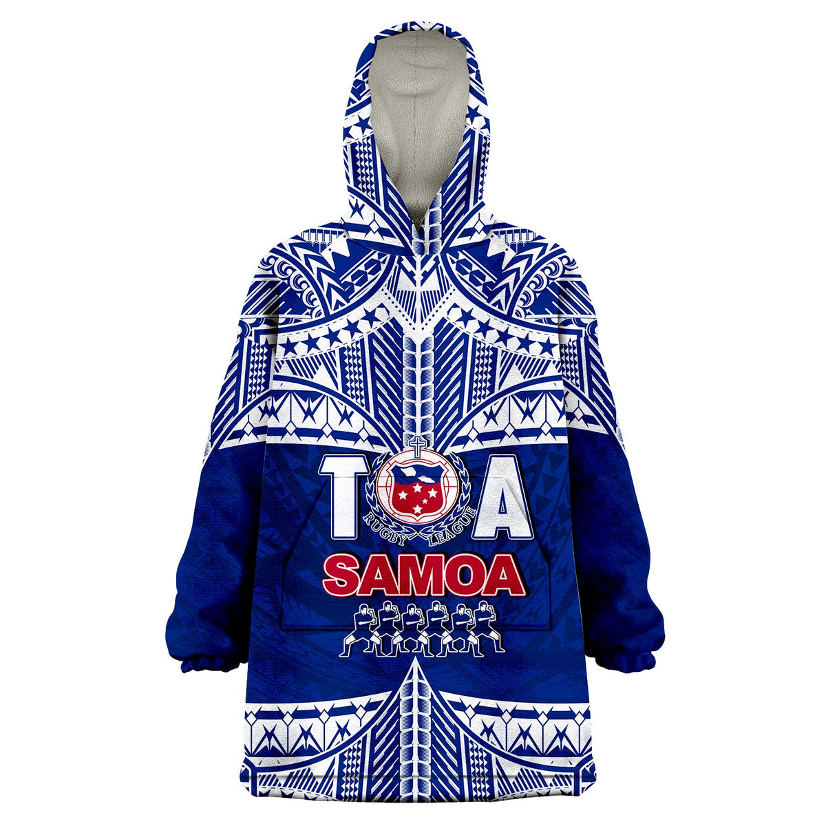 Rugby blanket hoodie with blue tribal pattern, hood, and Samoa graphic on front