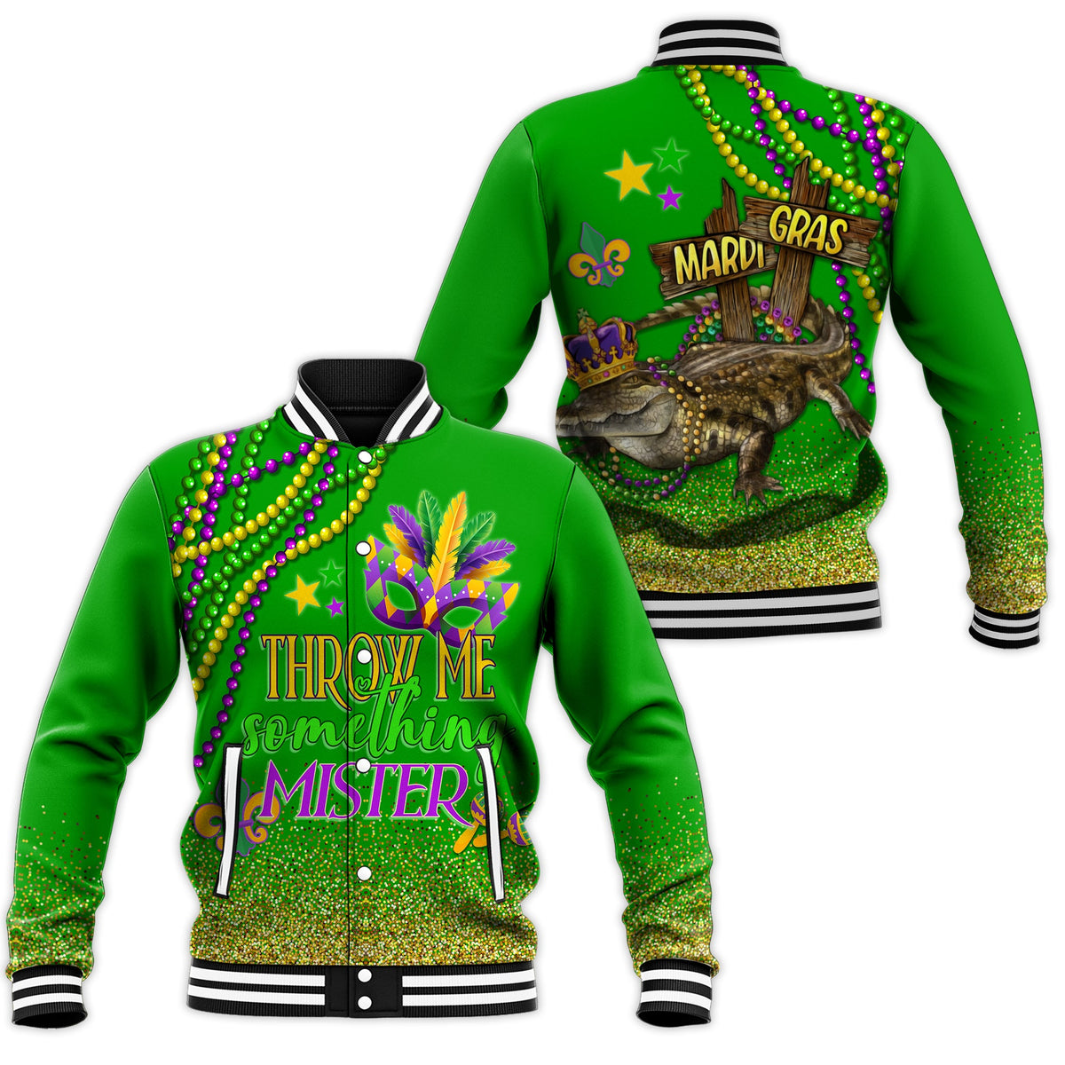 Green baseball jacket with Mardi Gras graphics, multicolor beaded trim, striped ribbed cuffs