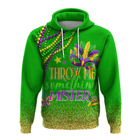 Green pullover hoodie with Mardi Gras graphic, beads and feather, front text print