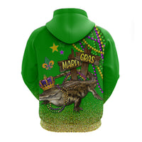 Green hoodie with back graphic of Mardi Gras sign, fleur-de-lis and beads