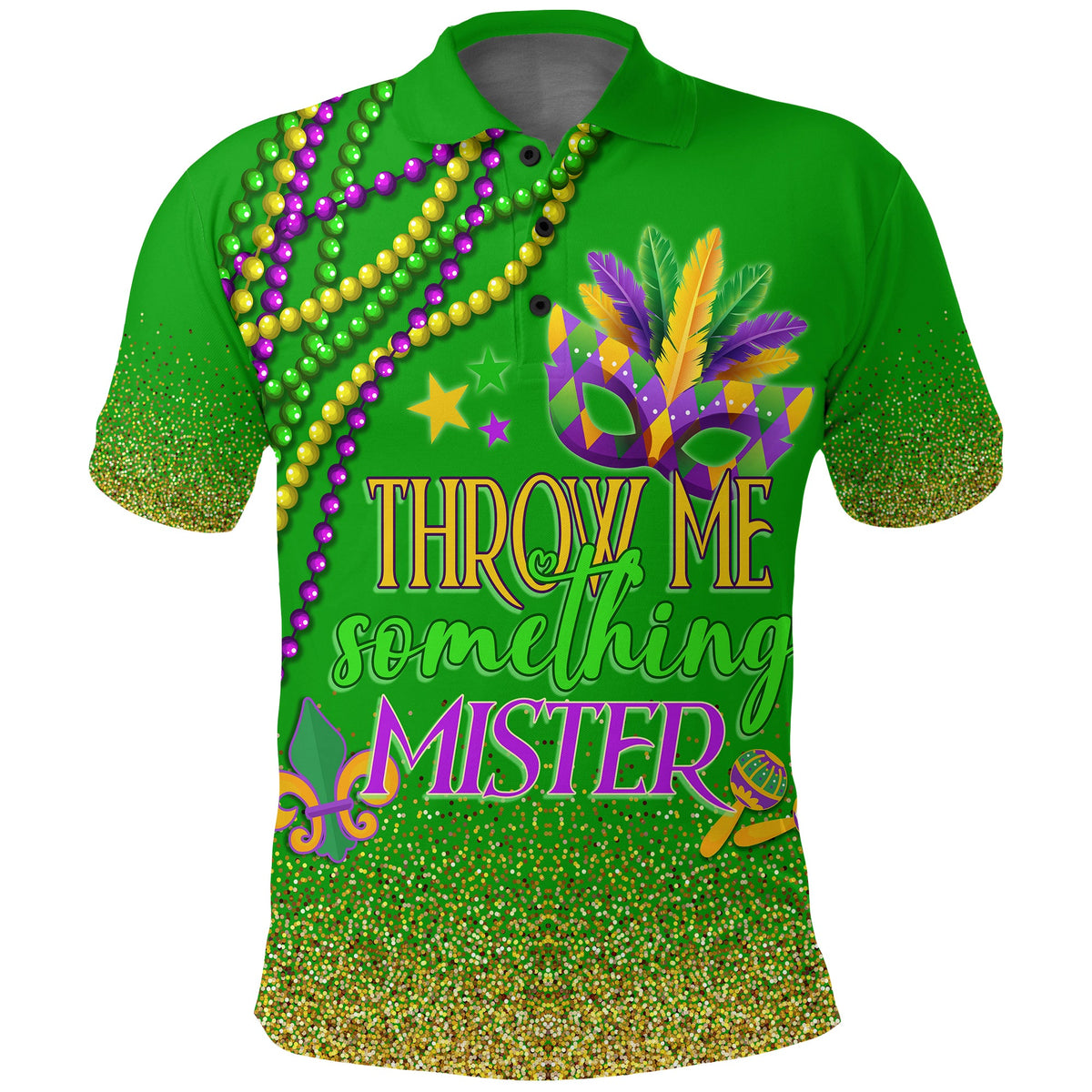 Green Mardi Gras polo shirt with multicolor bead garland and front graphic