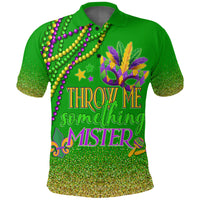 Green Mardi Gras polo shirt with multicolor bead garland and front graphic