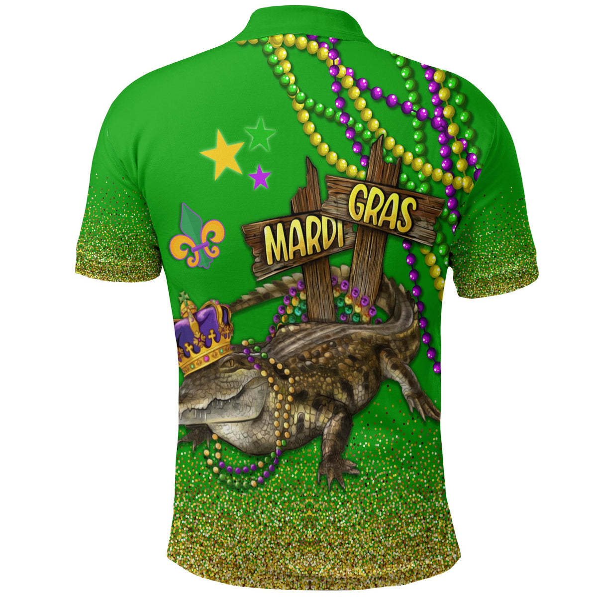 Green Mardi Gras polo shirt with bead garland and animal graphic on back