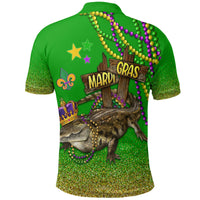 Green Mardi Gras polo shirt with bead garland and animal graphic on back