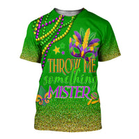 Green T-shirt with Mardi Gras bead garland and 'Throw Me Something' text