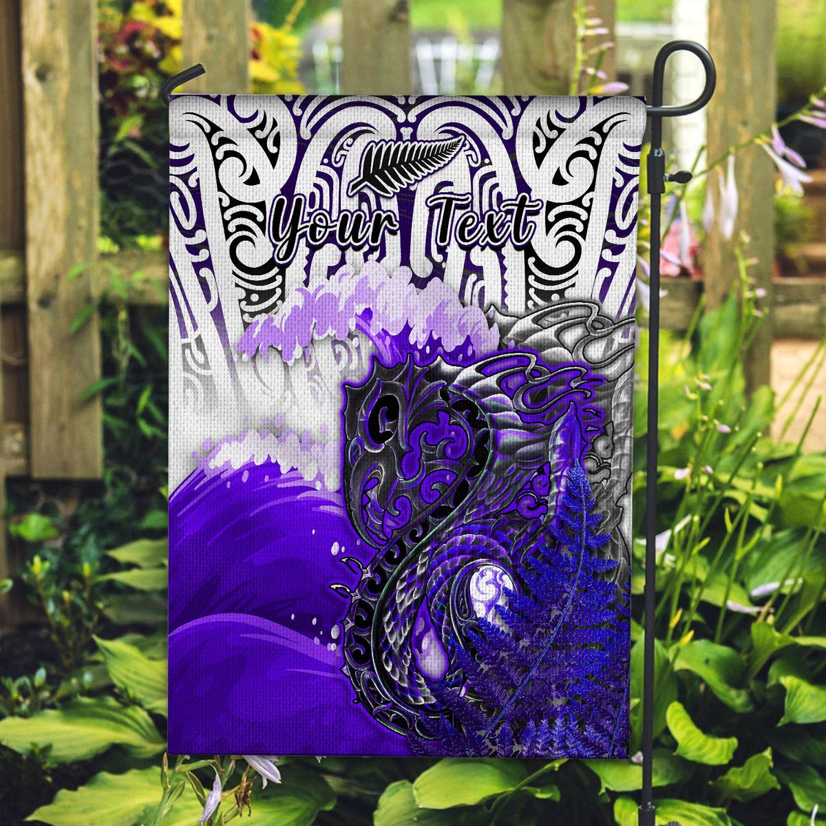 Purple personalized garden flag with Maori-style fern and waves, 'Your Text' banner