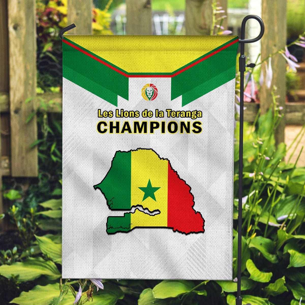 Senegal football garden flag on metal stake, green-yellow-red map and 'CHAMPIONS'
