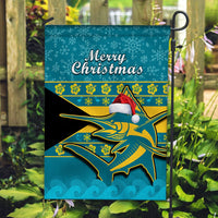 Teal Bahamas Merry Christmas garden flag with marlin and Santa hat, snowflake pattern