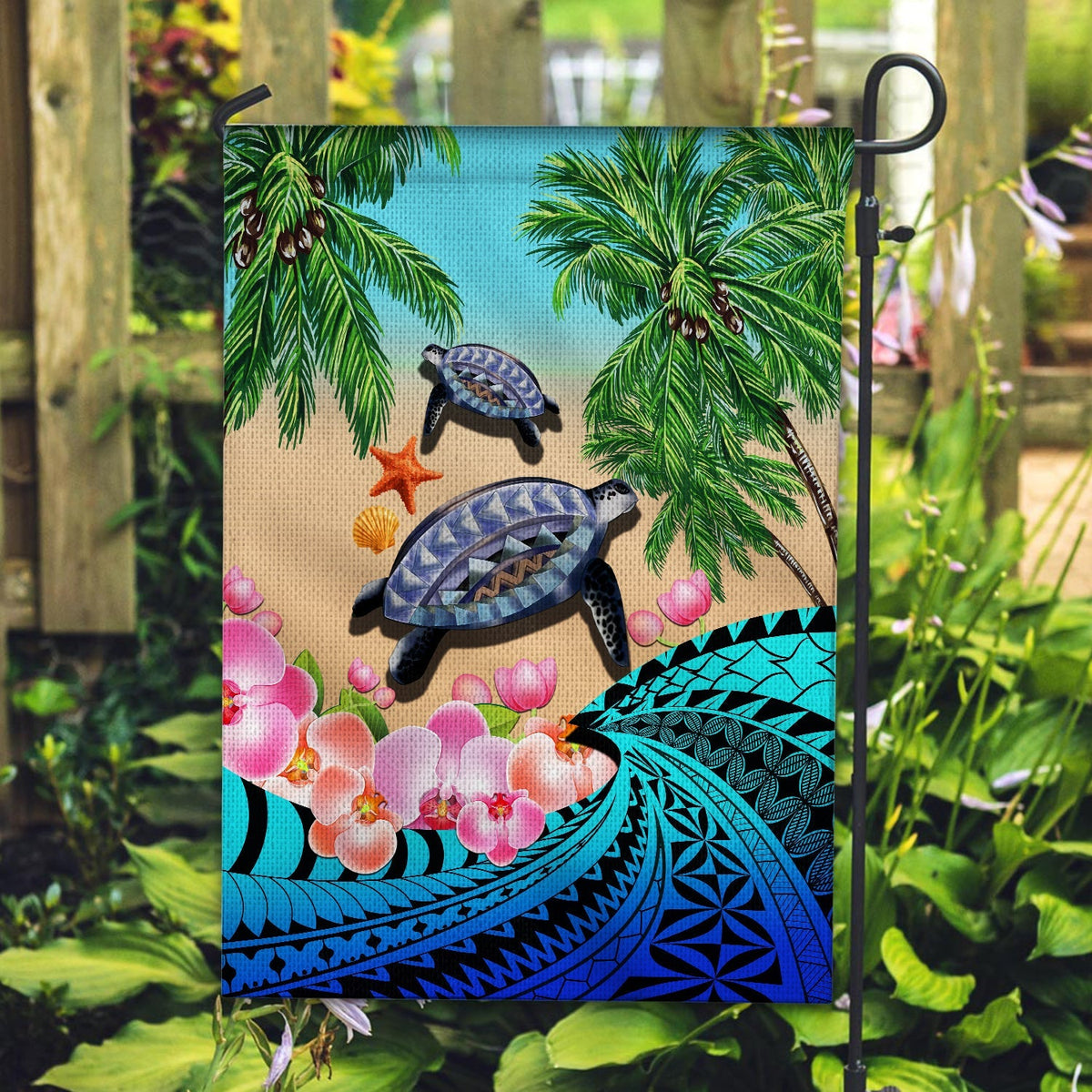 Blue Polynesian flag showing turtles and palms with starfish and pink flowers