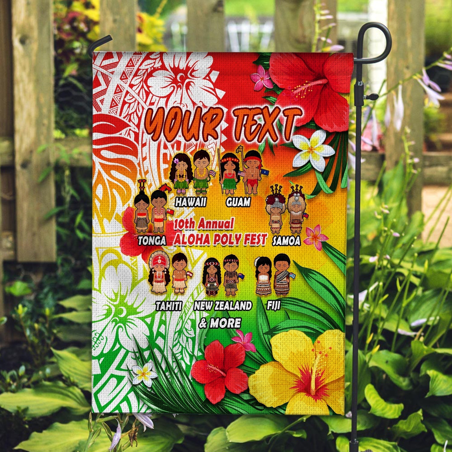 Custom Personalised Aloha Poly Fest Flag Polynesian Pattern With Tropical Flowers - Wonder Print Shop