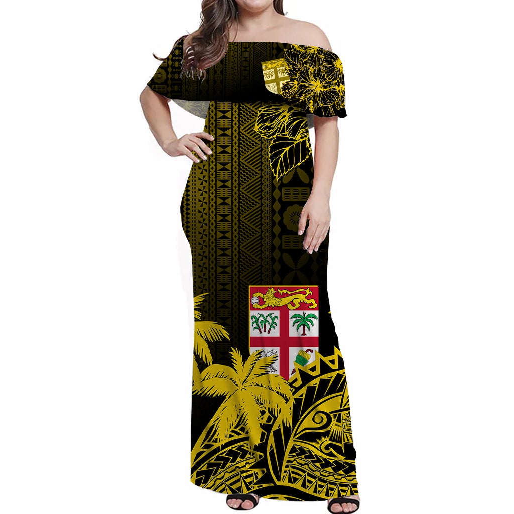 Women’s off-shoulder long dress, black with gold tropical waves and tapa patterns