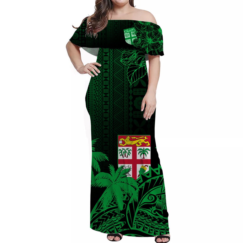 Emerald off-shoulder long dress with Polynesian tapa and wave patterns, women’s