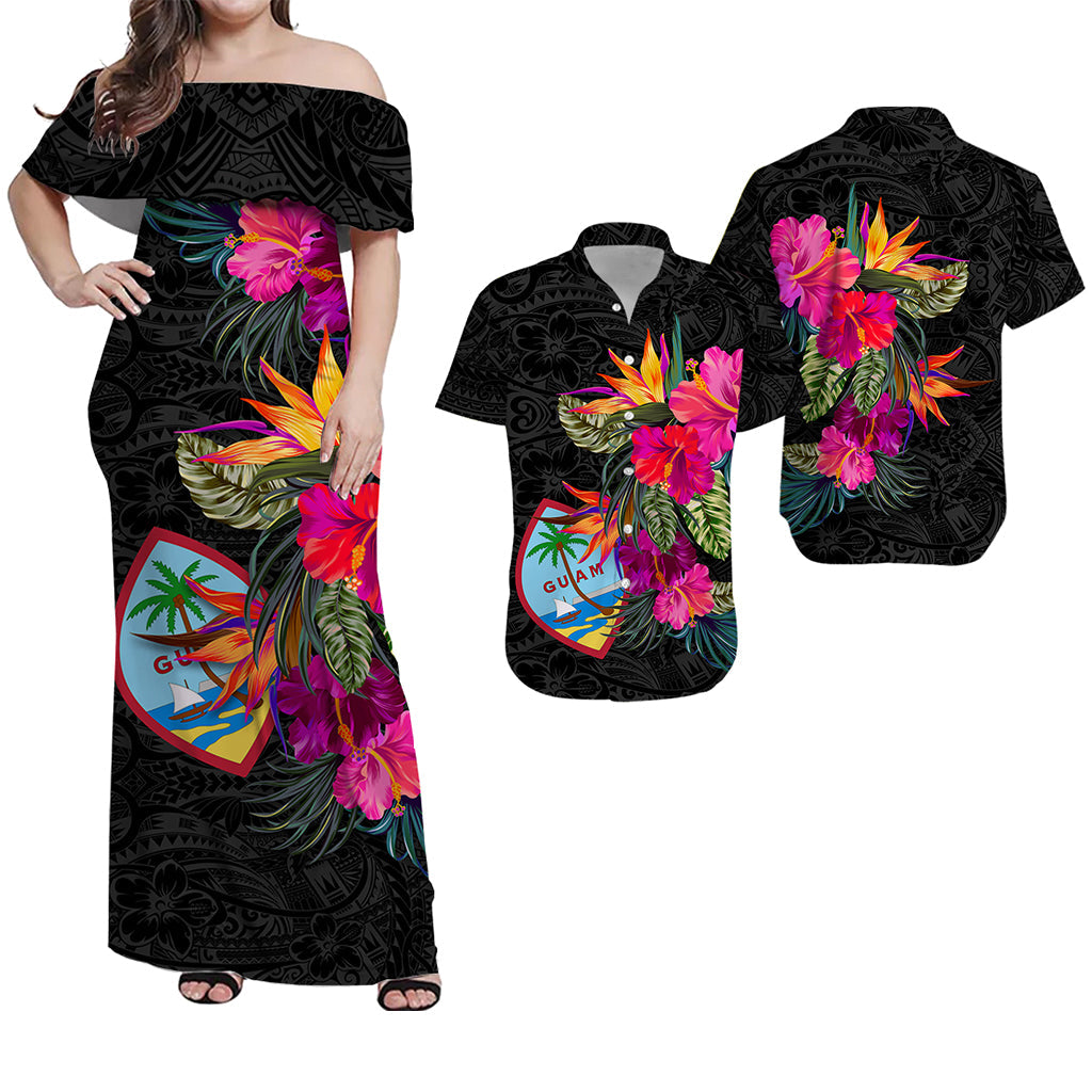 Black off-shoulder maxi dress with hibiscus flowers, tropical leaves, and tribal pattern