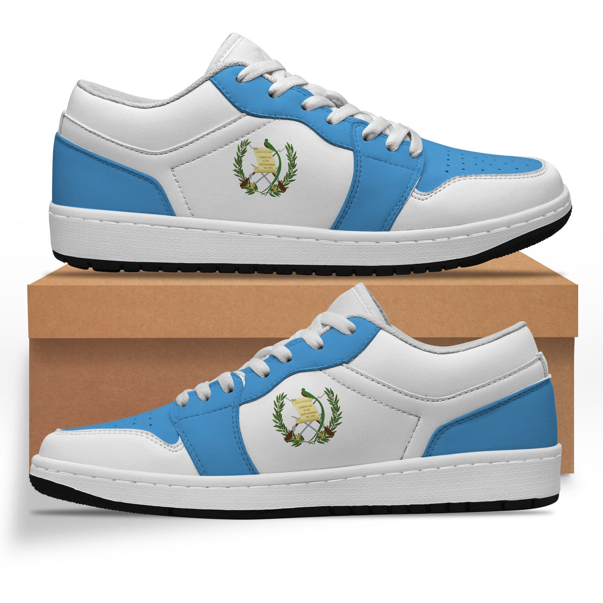 Low sneakers with white leather, blue panels, green emblem patch, lace-up front