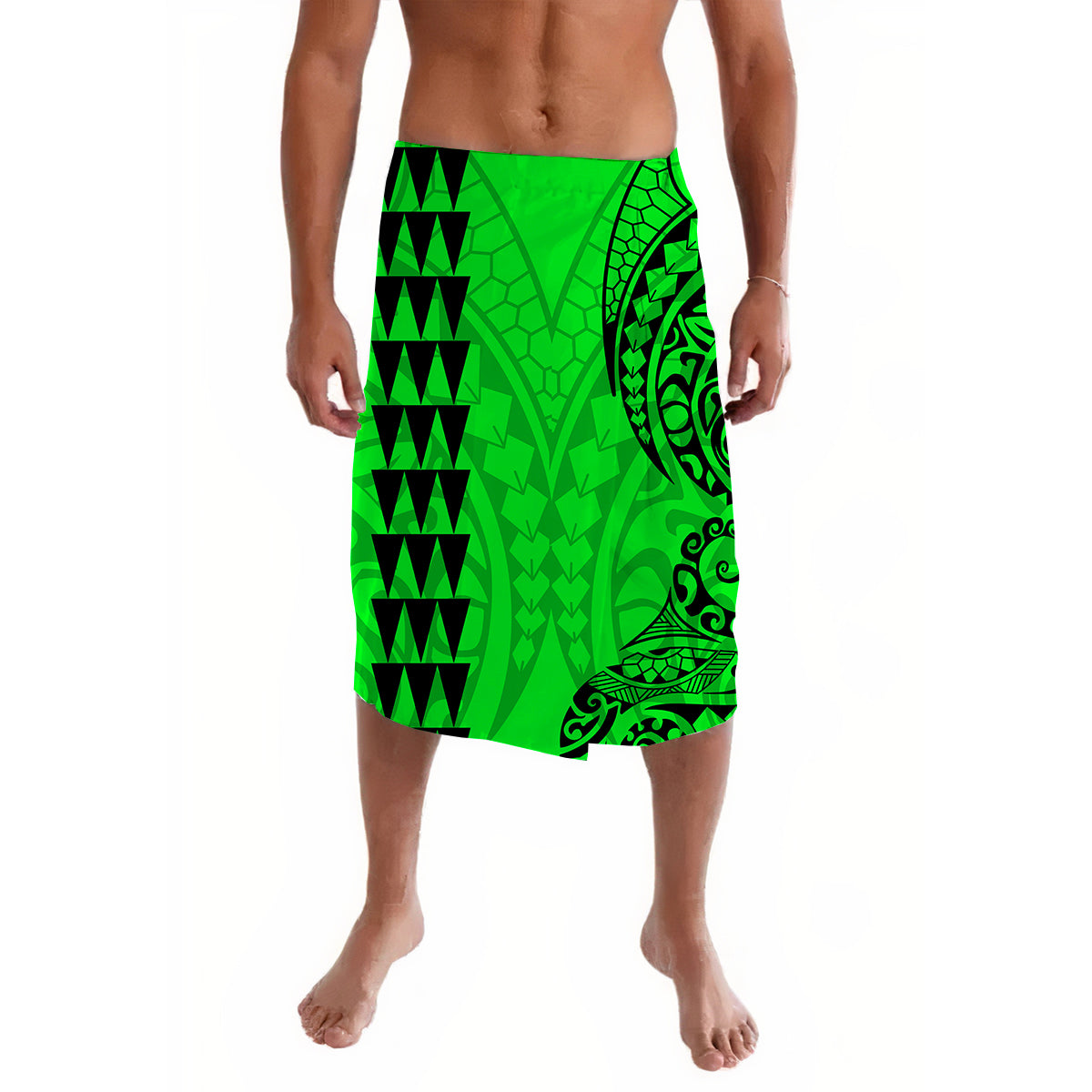 Green Polynesian tribal print lavalava wrap skirt with black geometric border.
