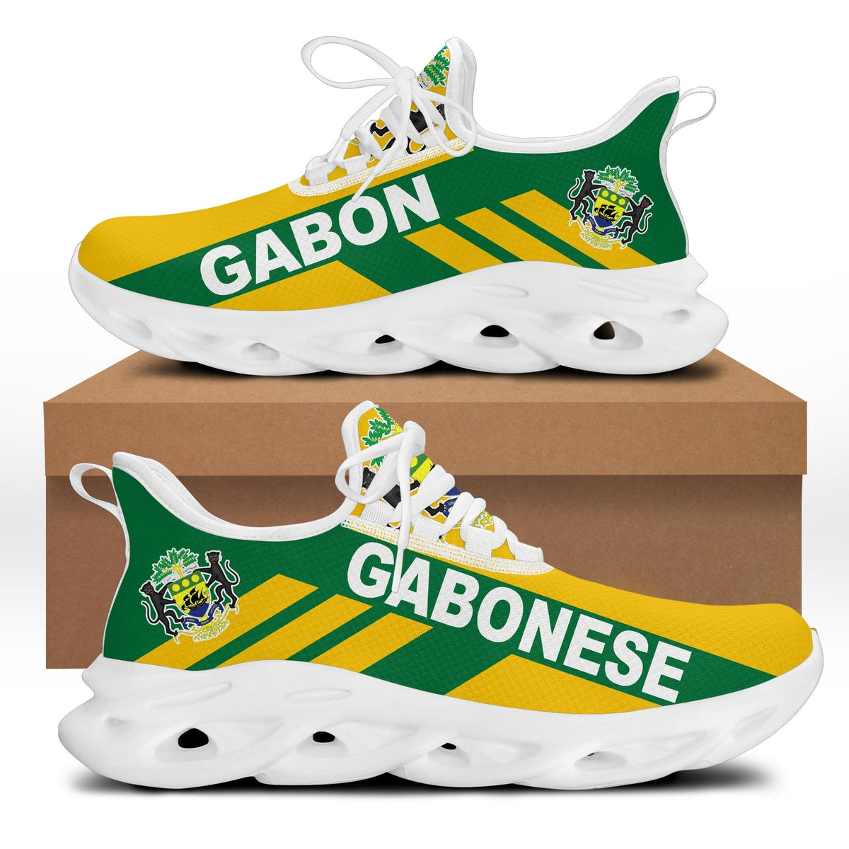 White-soled clunky sneakers with green/yellow Gabon stripe print and white laces
