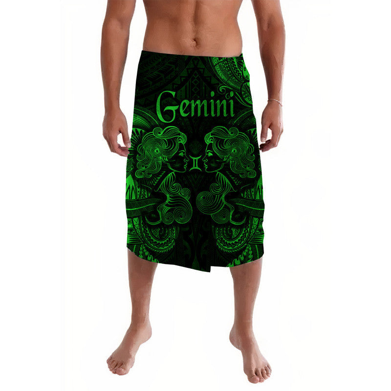 Green Gemini zodiac lavalava with black tribal pattern, waist-length wrap skirt