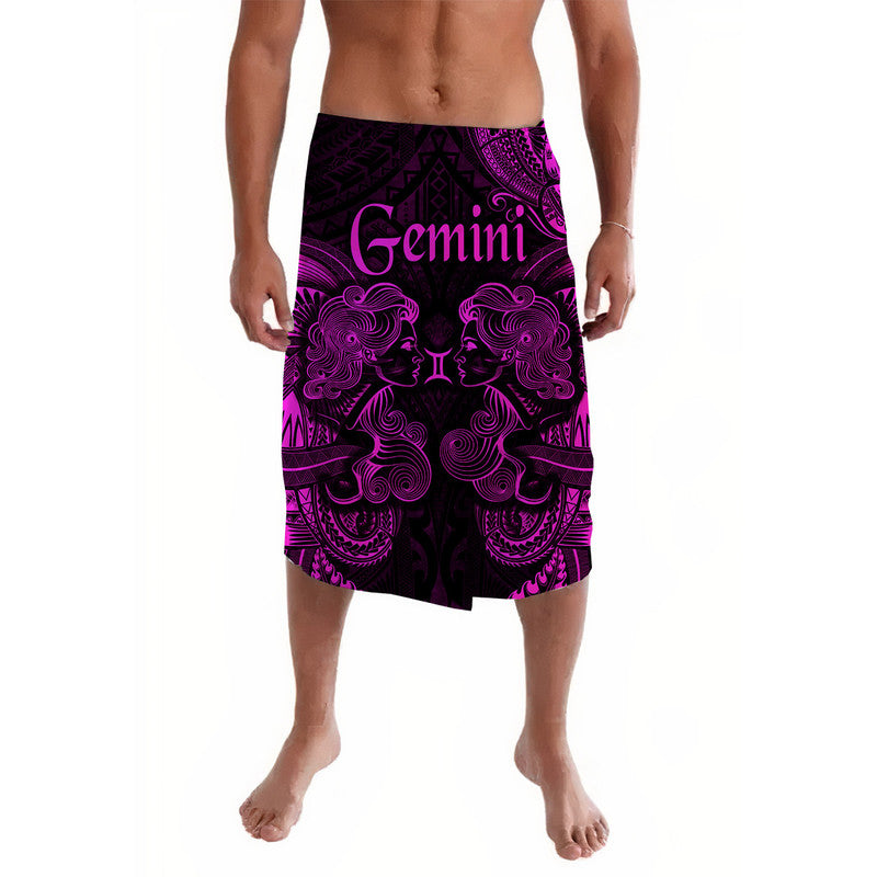 Pink and purple zodiac lavalava sarong with Gemini Twins graphic, Polynesian-style pattern