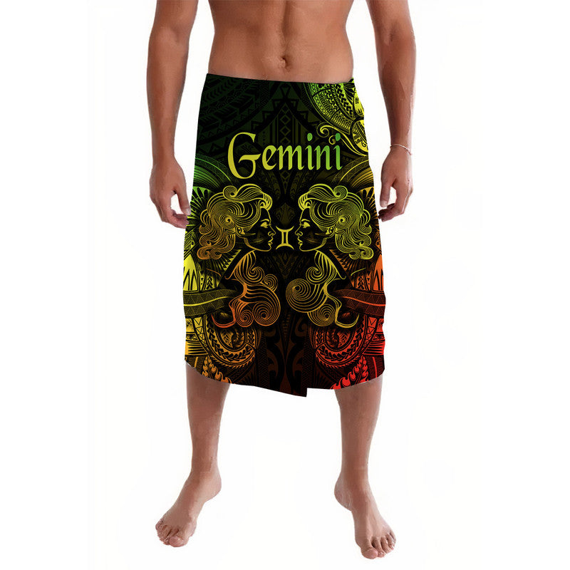 Gemini zodiac lavalava with black base, green/yellow gold faces, red accents