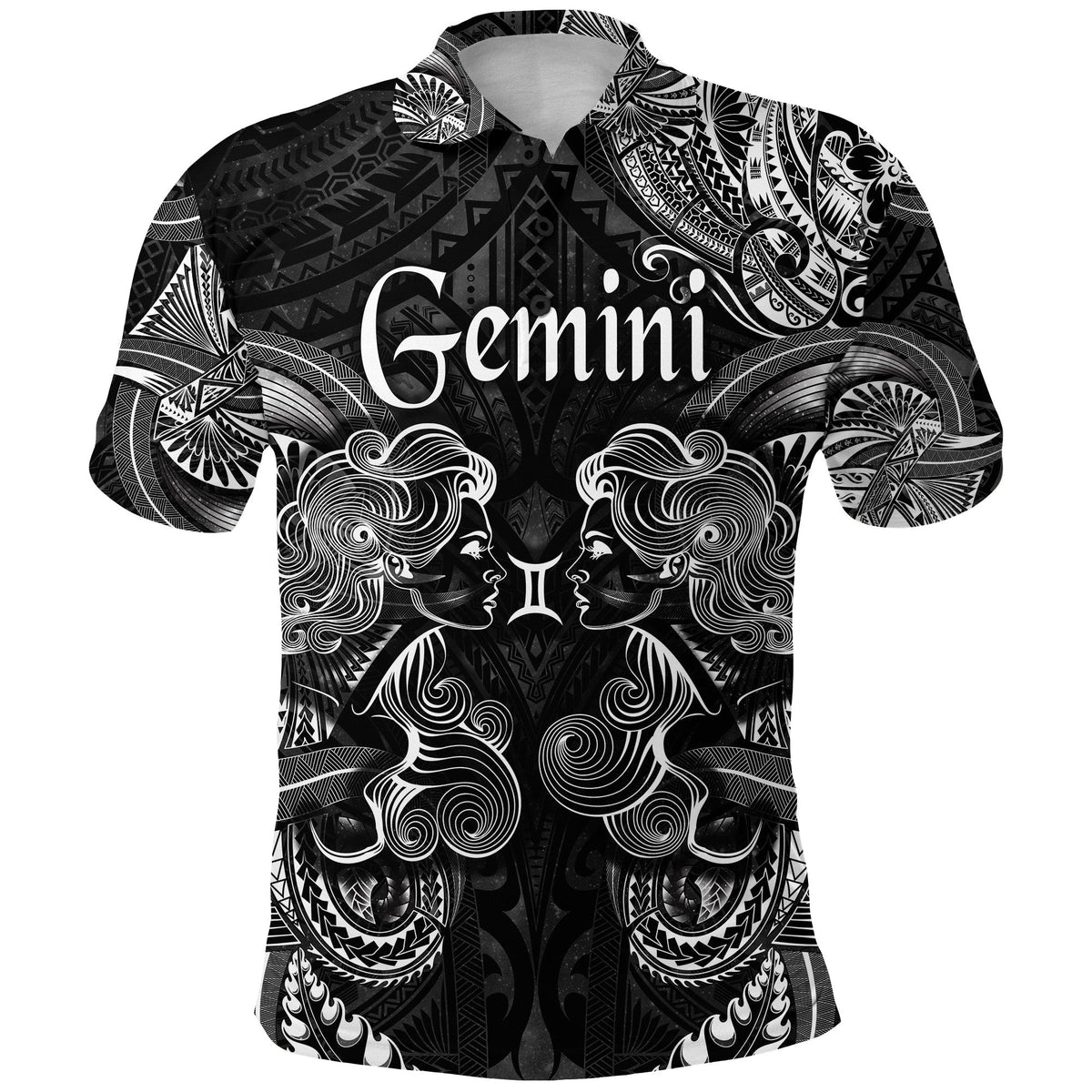 Black short-sleeve polo shirt with Gemini Polynesian zodiac face graphic, front