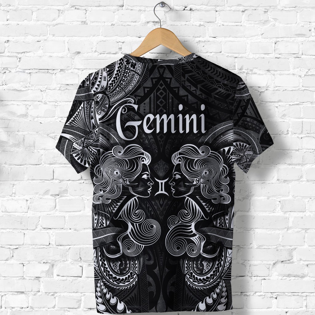 Black T-shirt back with Gemini zodiac graphic and symmetrical Polynesian face illustration