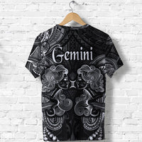 Black T-shirt back with Gemini zodiac graphic and symmetrical Polynesian face illustration
