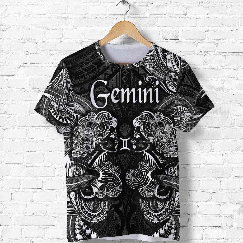 Black T-shirt with Gemini zodiac graphic, Polynesian-style faces in white and gray