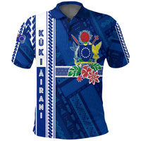 Blue polo shirt with Polynesian turtle and geometric pattern, short sleeves