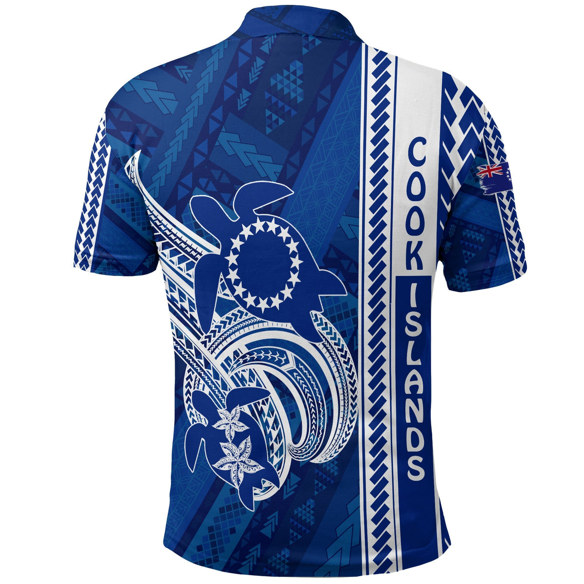Blue polo shirt back view with turtle emblem and Polynesian geometric stripe design