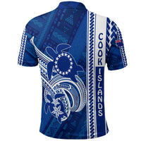 Blue polo shirt back view with turtle emblem and Polynesian geometric stripe design