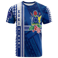 Blue graphic T-shirt with Cook Islands turtle and Polynesian geometric pattern, front