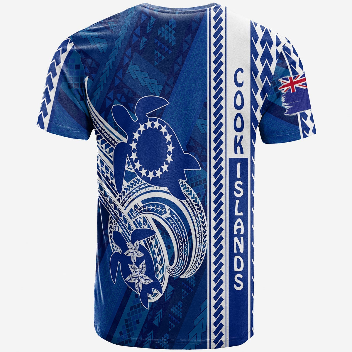 Blue graphic T-shirt with Cook Islands turtle, side stripe and 'Cook Islands' text