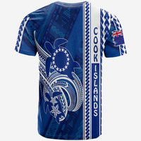 Blue graphic T-shirt with Cook Islands turtle, side stripe and 'Cook Islands' text