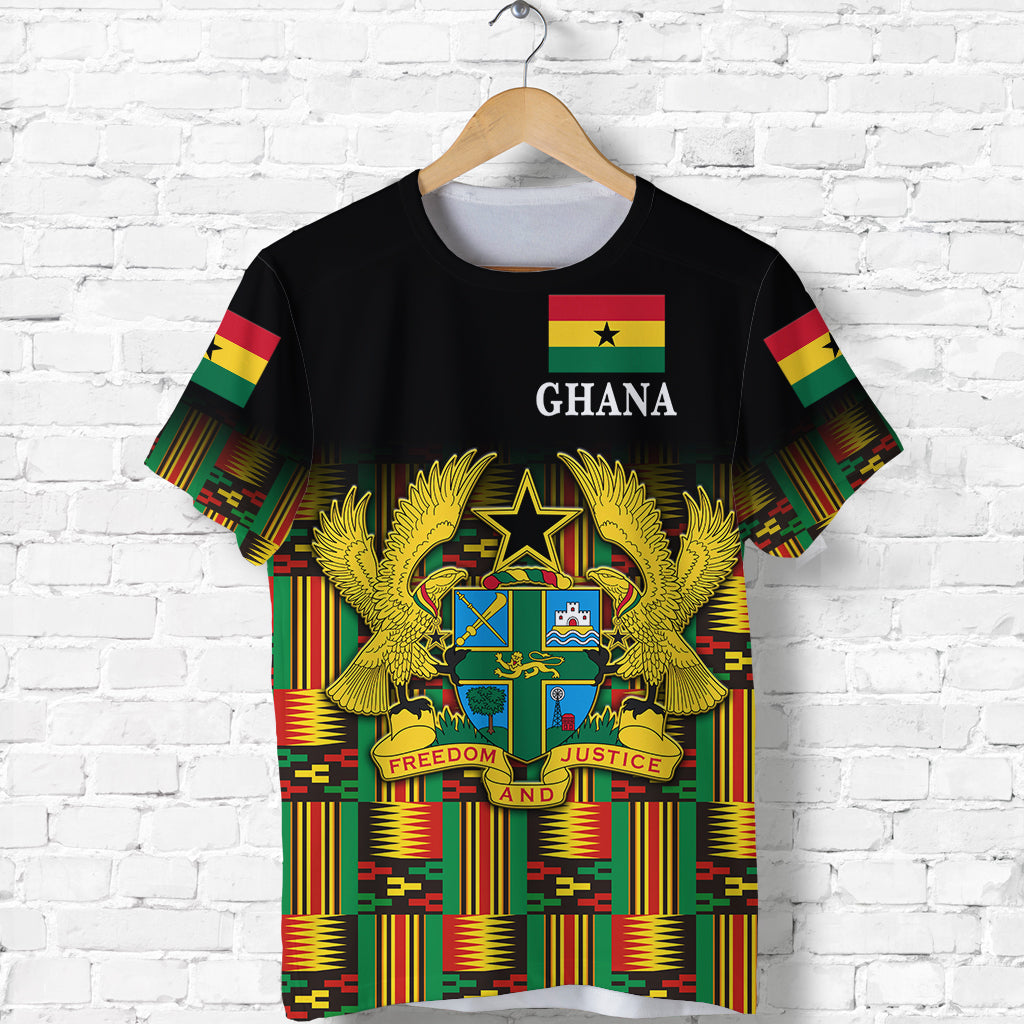 Black Ghana pride T-shirt with Ghana flag panel, coat of arms crest, and kente pattern