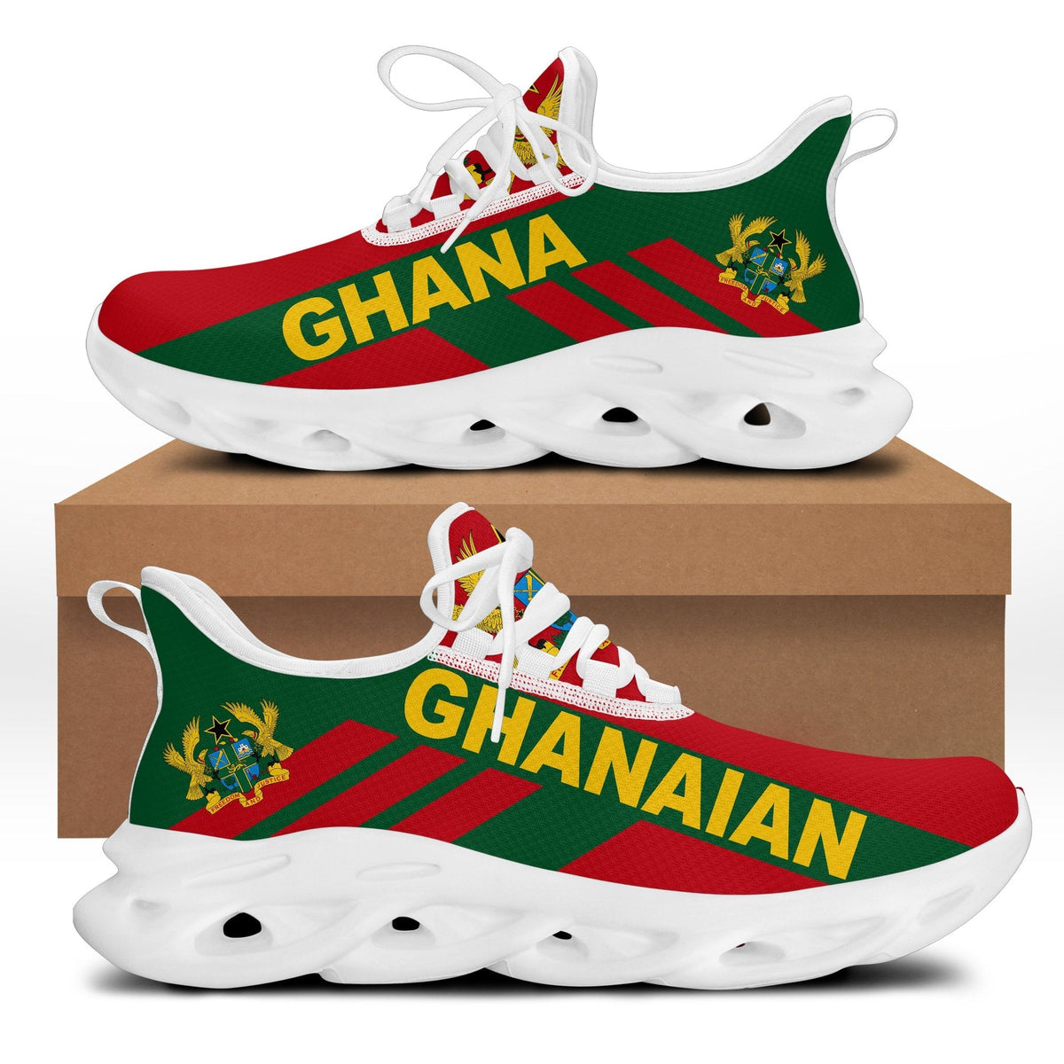 Clunky sneakers with Ghana flag stripe graphic, red/green upper and white perforated sole