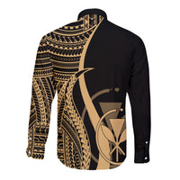 Long sleeve button shirt, black with gold tribal back print and large crest