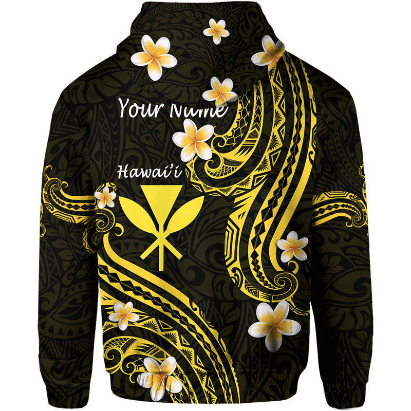 Black pullover hoodie back with yellow tribal waves, white flowers, and 'Your Nuvie Hawaii'