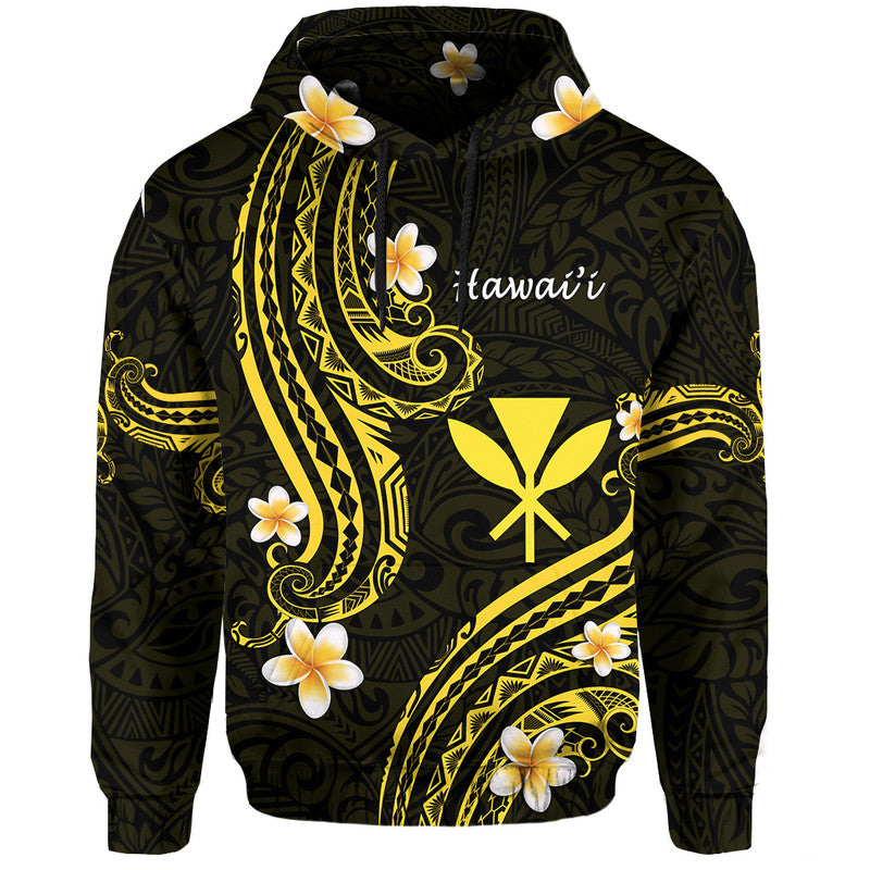 Black pullover hoodie with gold Polynesian pattern, flowers, hood and front graphic