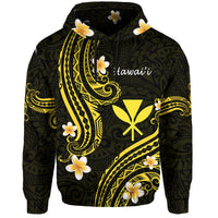 Black pullover hoodie with gold Polynesian pattern, flowers, hood and front graphic