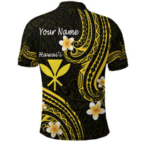 Dark polo shirt with gold tribal design, plumeria flowers, and 'Your Name' on back