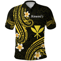Short-sleeve polo shirt, dark with gold Polynesian lines and white flower prints